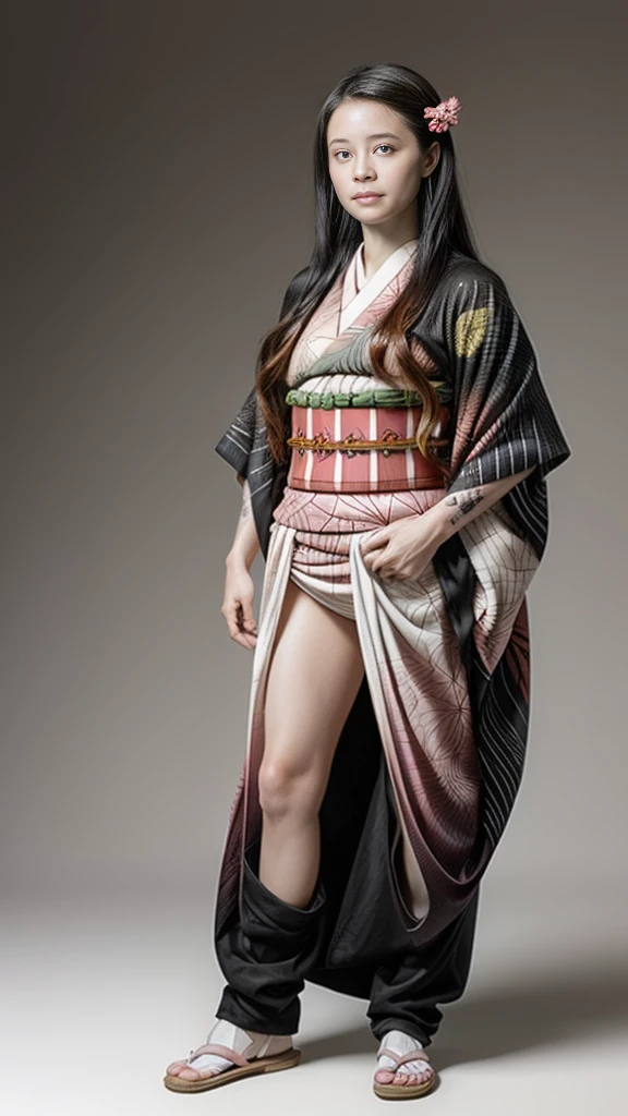 Female, moisturized skin, (pink and bright eyes), (full body: 1.4),
BREAK,
(kicking: 1.3),
BREAK,
(black grass tattoo on body: 1.3),
BREAK,
(cute kimono: 1.2), (black haori: 1.2),
BREAK,
(super long hair), (light gradient hair: 1.3), (red tips: 1.3),
BREAK,
(realistic: 1.3), (super high resolution), (highly detailed: 1.4), (full body: 1.4), (symmetrical: 1.2), (one shot),
BREAK,
(Japanese city: 1.2),
BREAK,
(Demon Slayer: 1.4), (Hirose Suzu: 1.3), (Kamado Nezuko),