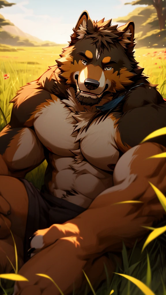 (masterpiece),Bernese Mountain Dog,Topless,Eye,Tears,hairy,8k,wallpaper,Detailed background,Very detailed body,Eye Details,Paw pad details,Lifelike,grassland,