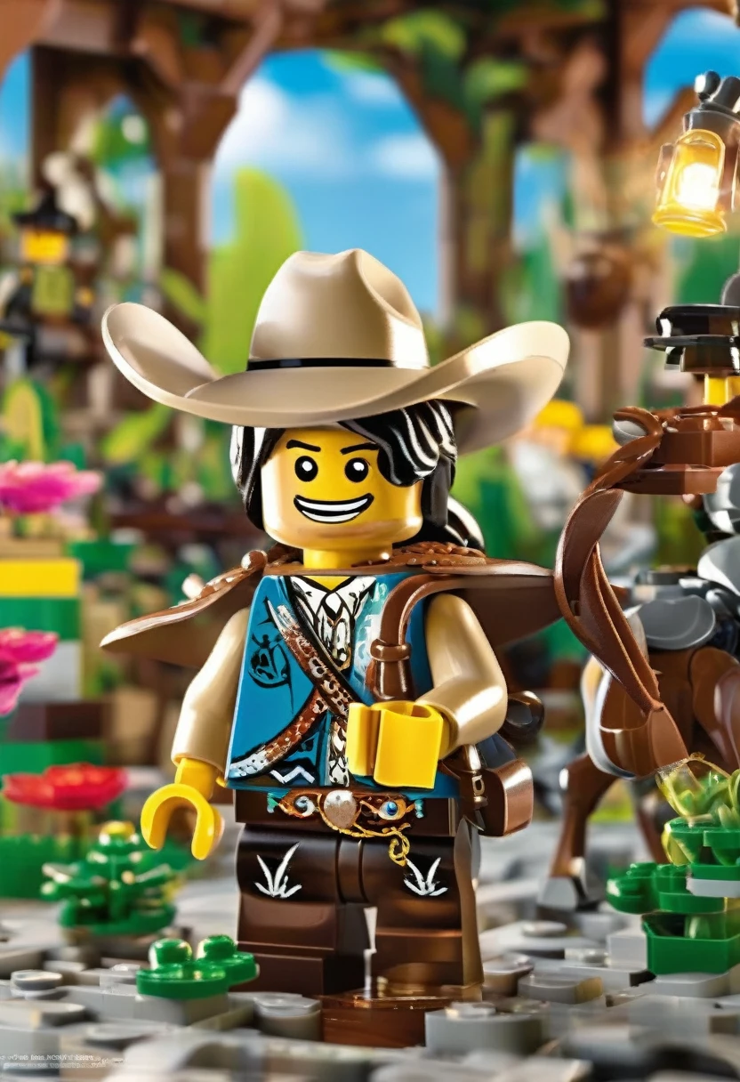 Magazine cover，best quality, very good, 16K, ridiculous, Very detailed, Western Cowboy，Made of Lego, （（wilderness））（（A masterpiece full of fantasy elements）））， （（best quality））， （（Intricate details））（8K）