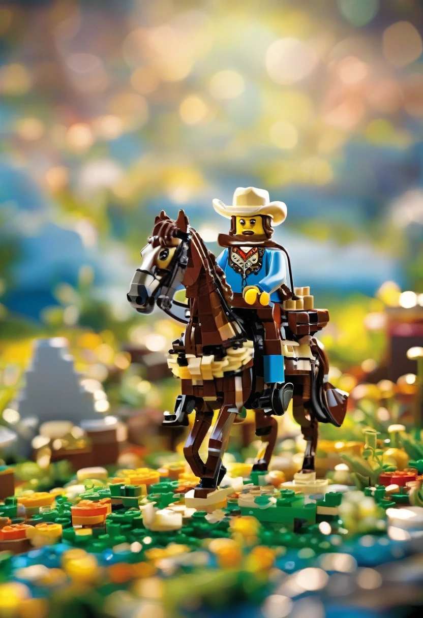Magazine cover,best quality, very good, 16K, ridiculous, Very detailed, Western Cowboy,Made of Lego, ((wilderness))((A masterpiece full of fantasy elements))), ((best quality)), ((Intricate details))(8K)