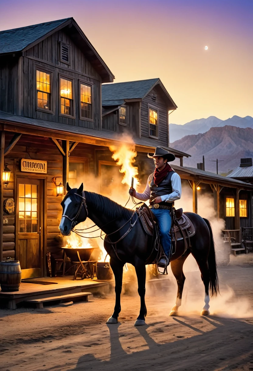 西部cowboy猎魔人,Dark Wind,Gothic,Night,cigarette,Fire,explode,(cowboy特写:1.5),cowboy,,rural,Pub,The Wild West,The Old West,nation,Old fashioned bar,car,Blues Music,Bar reception,Carriage Wheel Chandelier,Wooden floor,whiskey瓶,Dusty atmosphere,cigarette雾弥漫,Cheerful laughter,Swing door,whiskey,Bar stools,Piano Performance,saddle,Western clothing,cowboy帽,cowboy靴,scarf,Leather vest,horse riding,lasso,Revolver,cowboy文化,adventure,confusion,Sheriff,Empty streets,cactus,Dilapidated building,spittoon,Dark corners,Card game,Straw covered floor,Moonlit sky,Stagnant Night, Tumbleweed,Rugged charm,大胆的adventure,Life on the Border,Ancient charm,retro charm,nostalgic vibes,rugged terrain,Warm sunset,Soothing campfire,silhouette of cowboy at twilight,Majestic horse,Stunning sunrise,The bonfire gradually died down,The authenticity of the Wild West,Suspenseful atmosphere,Strong contrast,Soft tones,Vintage film grain,Romantic imagery,Mysterious shadows,Dimly lit interior,Vivid, saturated colors,Warm and cool tones,Soft and warm lighting,Contrast highlights and shadows,Soft diffused light,Rich texture,Clearly layered brushstrokes,depth and dimensionality,Attention to detail,Surrealist depictions.