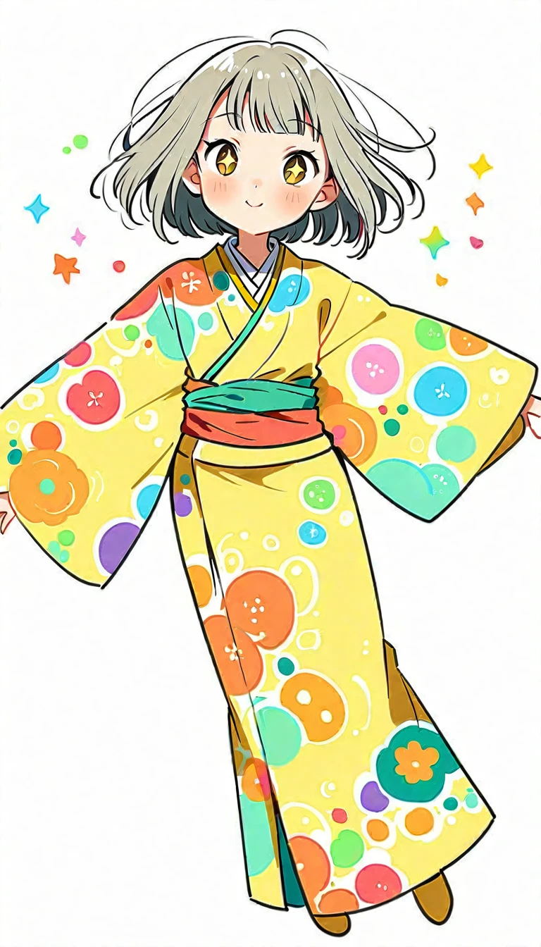 White Background, Fujichoco Style, Yellow kimono, (((The most beautiful girl))), Gray Hair, Sparkling Eyes, (, Vibrant colors, White Background, Simple Background, whole body, Simple line initials,
