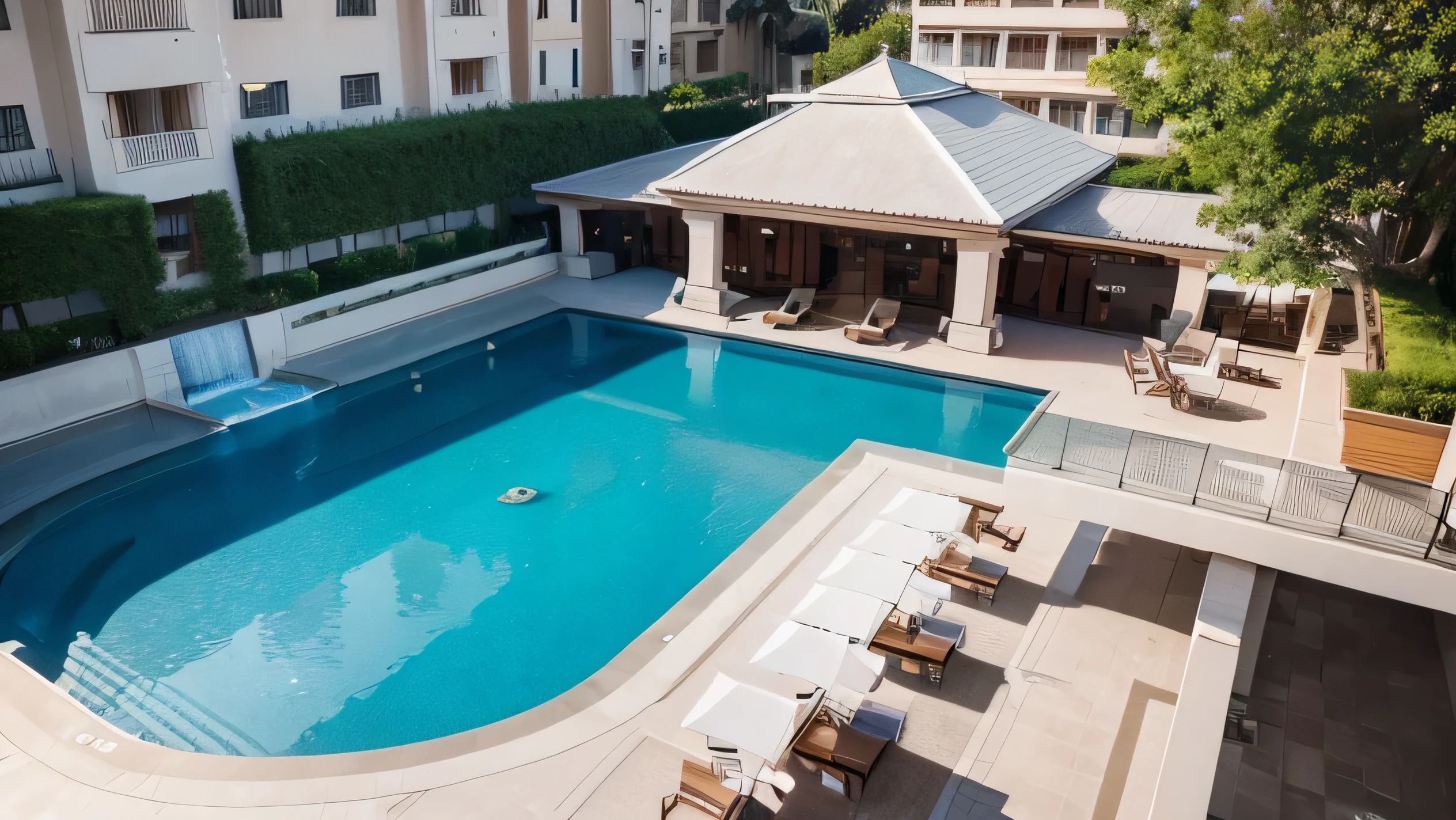 An image of a luxury hotel with a building and swimming pool taken by drone
