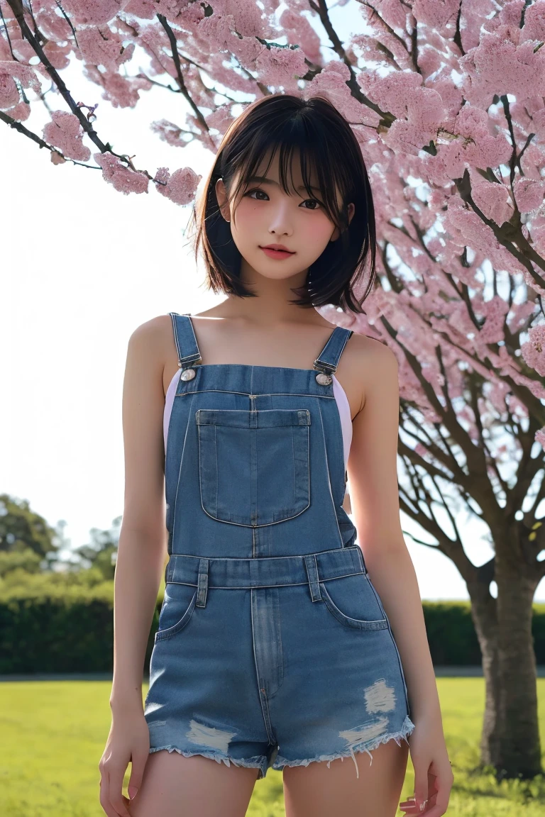 1 girl、Overall image、Close one eye、Real like a photo、Very short black hair、under the cherry tree、Camisole and hot pants、cat-eyed beautiful girl、18-year-old、healthy dark skin、The sun looks dazzling