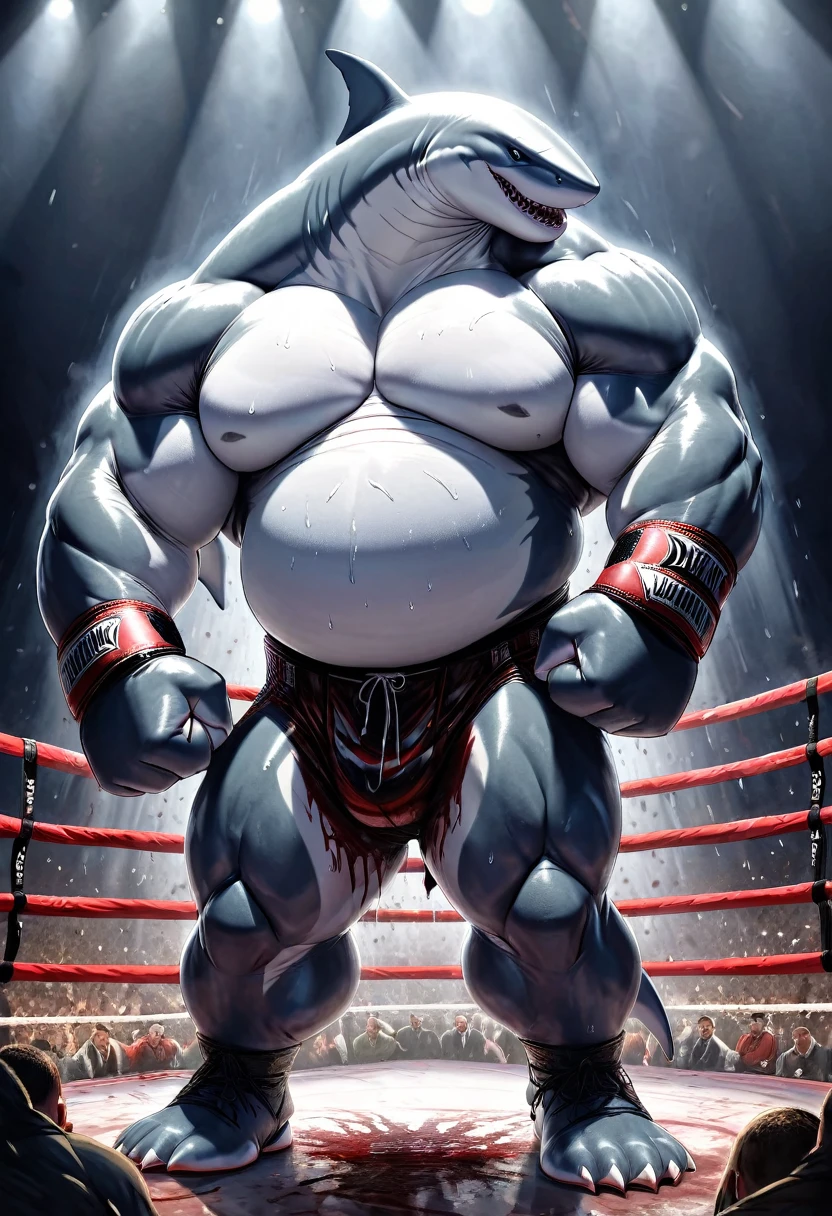 A gritty and intense cinematic illustration of a high-stakes boxing match in a dimly lit, blood-spattered ring. DC Comics' towering, hyper-detailed, and muscular King Shark, Nanaue, stands victorious, his humanoid shark form glistening with sweat and covered in the remains of the grueling fight. His prominent belly, wide muscular arms, and sharp teeth are highlighted by the harsh light of the ring. The background is a chaotic scene, with debris from the battle scattered around the ring, and the air filled with the heavy breathing of King Shark. His fierce and formidable fighter personality is palpable in this triumphant moment., cinematic, photo