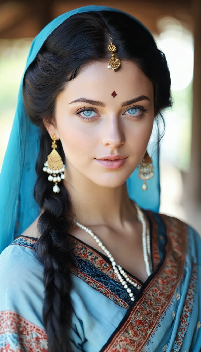 A absolutely young beautiful woman, looking at camera, straight black hairs, light blue eyes, curvy body, realistic, 4k, photogenic, wearing traditional clothes
