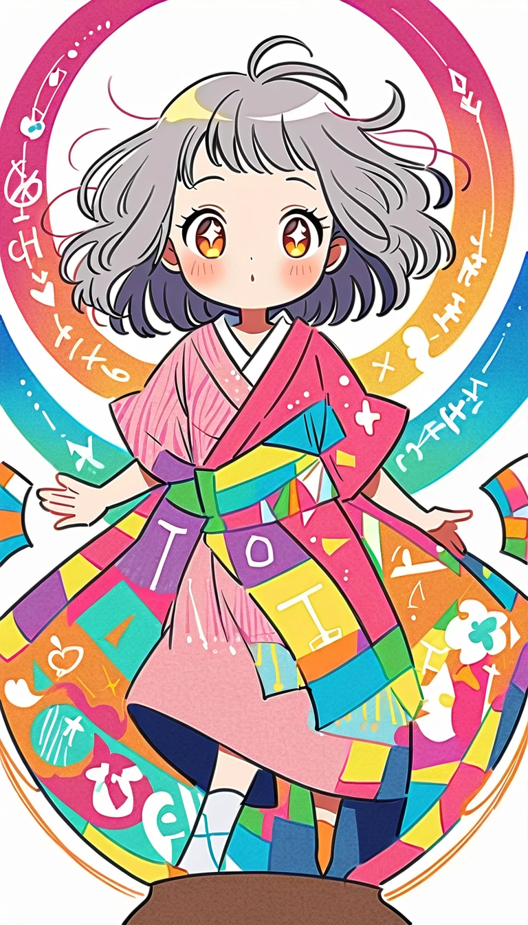 White Background, Fujichoco Style, Pink kimono, (((The most beautiful girl))), Gray Hair, Sparkling Eyes, ((hourglass)), Vibrant colors, White Background, Simple Background, whole body, Simple line initials,