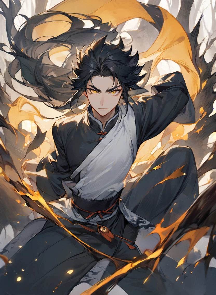 young man ,Male Dark, dark Woods, dark blue colors, monk dnd, man black long hair with yellow eye, kungfu costume style, 