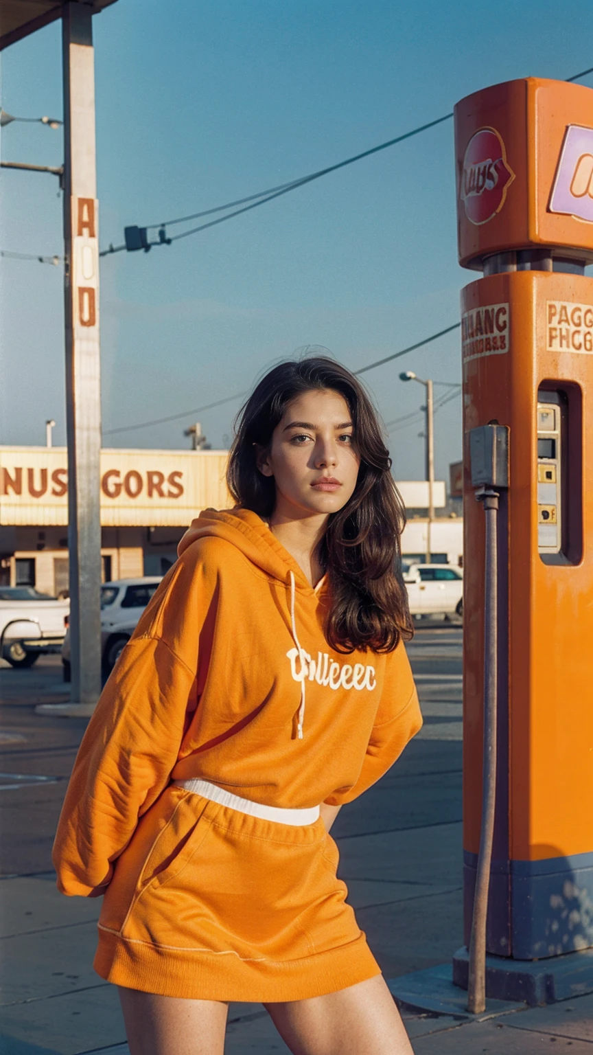 photo cinematic photograph long shot portraits by Wes Anderson, cute 23 yo girl ,fokus, bokeh ,wear ((orange color oversized_hoodie)), wear ((purple tennis skirt)),looking at camera,Best Quality,Masterpiece,Ultra High Resolution,(Realisticity:1.4),Original Photo, 1Girl, light leak,ultra high resolution,UHD,beautiful, (black bob hair), almond eye, no makeup, in front of ((80's los angles gas station)), (realistic:1.2), (surreal:1.3), (very detailed:1.1), ((masterpiece)),(summer), blue sky, (palm trees),sunny, los angles vibes,film camera, 800mm lens,style of Philip Lorca diCorcia