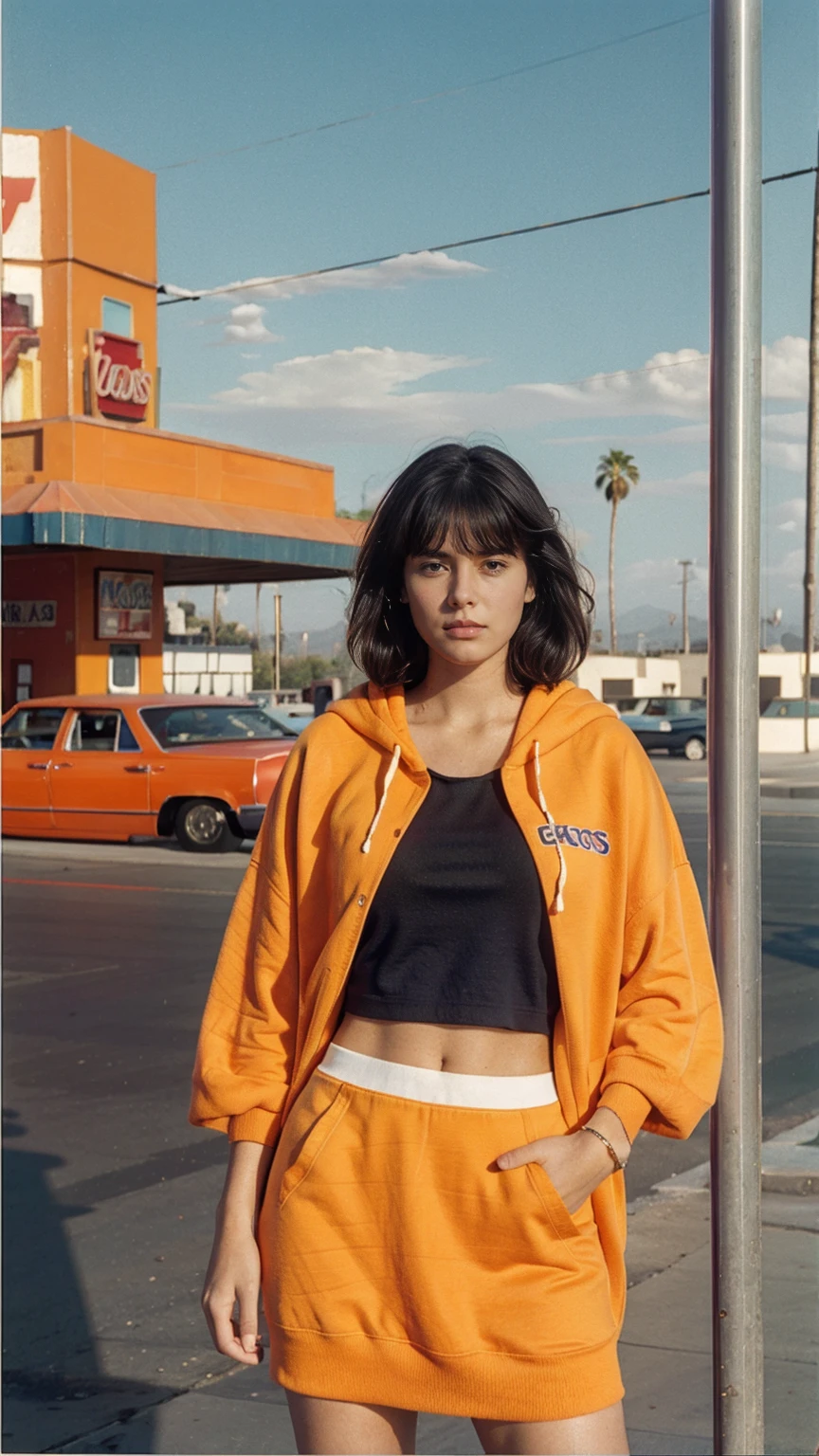 photo cinematic photograph long shot portraits by Wes Anderson, cute 23 yo girl ,fokus, bokeh ,wear ((orange color oversized_hoodie)), wear ((purple tennis skirt)),looking at camera,Best Quality,Masterpiece,Ultra High Resolution,(Realisticity:1.4),Original Photo, 1Girl, light leak,ultra high resolution,UHD,beautiful, (black bob hair), almond eye, no makeup, in front of ((80's los angles gas station)), (realistic:1.2), (surreal:1.3), (very detailed:1.1), ((masterpiece)),(summer), blue sky, (palm trees),sunny, los angles vibes,film camera, 800mm lens,style of Philip Lorca diCorcia