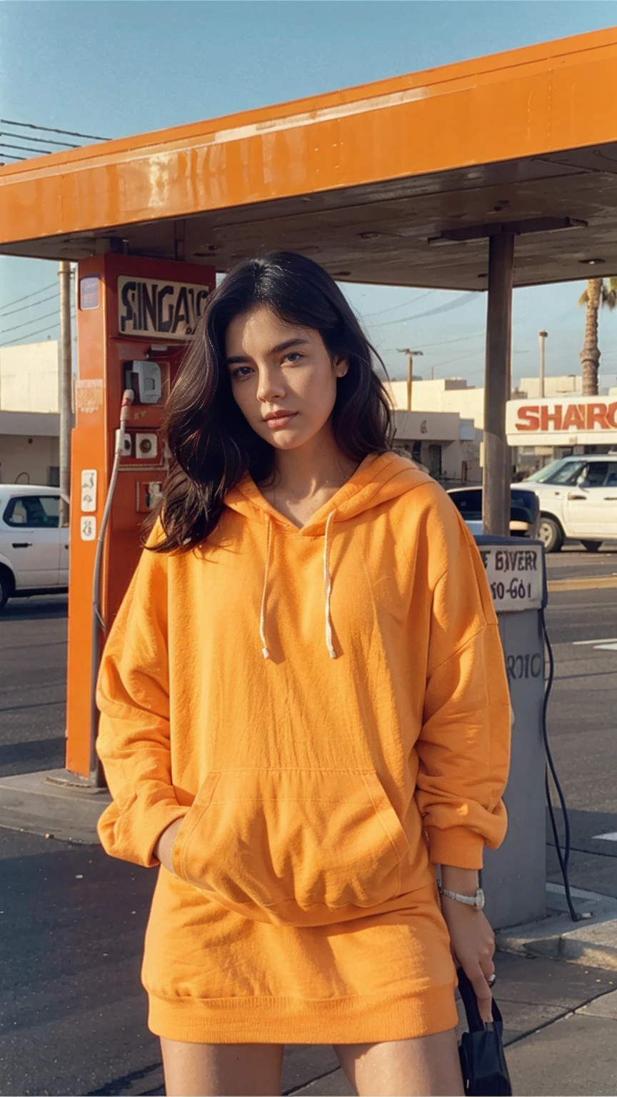 photo cinematic photograph long shot portraits by Wes Anderson, cute 23 yo girl ,fokus, bokeh ,wear ((orange color oversized_hoodie)), wear ((purple tennis skirt)),looking at camera,Best Quality,Masterpiece,Ultra High Resolution,(Realisticity:1.4),Original Photo, 1Girl, light leak,ultra high resolution,UHD,beautiful, (black bob hair), almond eye, no makeup, in front of ((80's los angles gas station)), (realistic:1.2), (surreal:1.3), (very detailed:1.1), ((masterpiece)),(summer), blue sky, (palm trees),sunny, los angles vibes,film camera, 800mm lens,style of Philip Lorca diCorcia