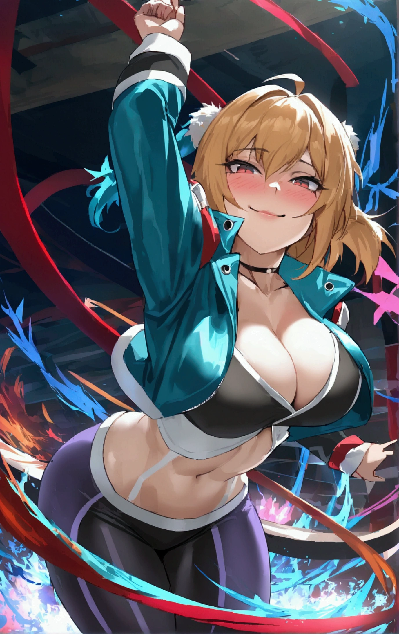 ((streetfigher)), looking the viewer, solo, girl, shy, red cheek, bashful, embarrassed, smiling, happy, perfect face, beautiful eye, upper body, muscular,