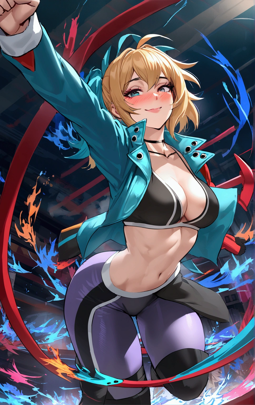 ((streetfigher)), looking the viewer, solo, girl, shy, red cheek, bashful, embarrassed, smiling, happy, perfect face, beautiful eye, upper body, muscular,