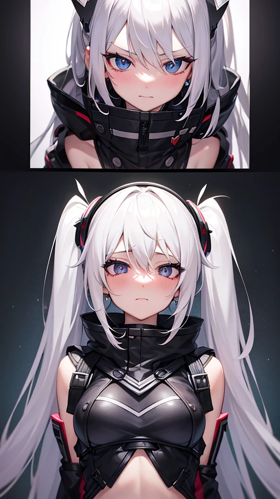 vtuber model, silver hair, grey hair, long hair, straight hair, expressive hair, heart-shaped pupils, dilated pupils, embarrassed, blush, blue eyes, heart in eye, naughty, Conceptual art, modern, anime style, anime, reference sheet, multiple views, from behind, from below, from side, UHD, masterpiece, anatomically correct, super detail, textured skin, high details, high quality, best quality, highres, 8k, art concep, character design, teen