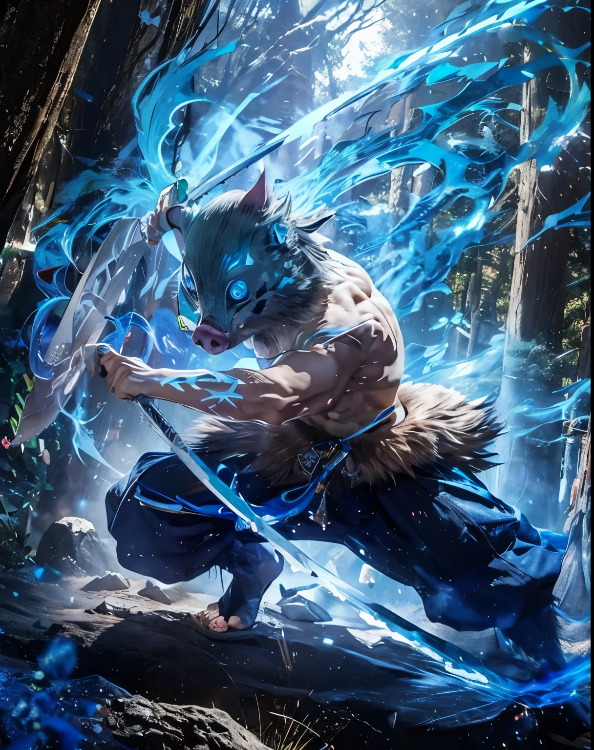 Inosuke, demon slayer, male, white pig mask, blue eyes light up, angry face, handled 2 sworld, The left hand holds the sword in front, and the right hand holds the sword behind, strong body, blue smooke effect:1.5, beautiful night background:1.2, aesthetic light effect:1.2, detailed mask, detailed hand, detailed body, ultra-realistic1.2, ultra-detailed1.2, bestquality, masterpiece.