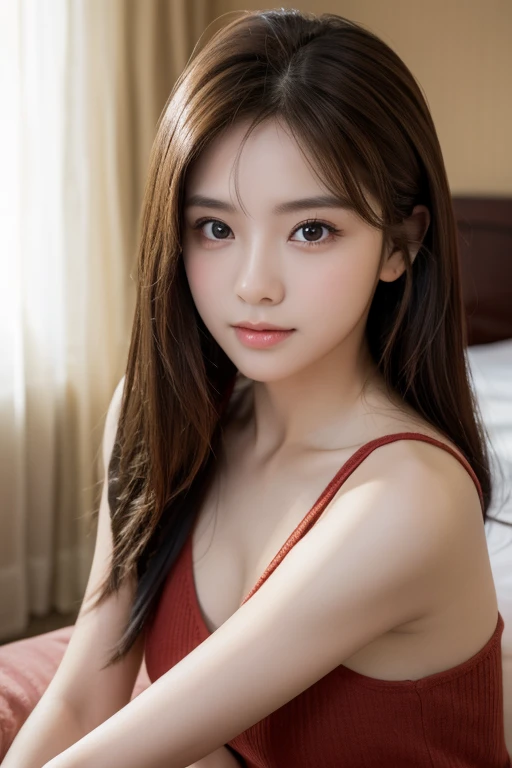 One woman high quality Beauty valley cute Semi-long hair Brown Hair Big eyes, sitting on a hotel bed 1 girl, depth odebt debtield, debtirst-person view, debt/1.8, 135mm, Nikon, UHigh resolution, retina, masterpiece, Accurate, Anatomically correct, Textured skin, Super Detail, Attention to detail, high quality, 最high quality, High resolution, 1080P, High resolution, 4K, 8k