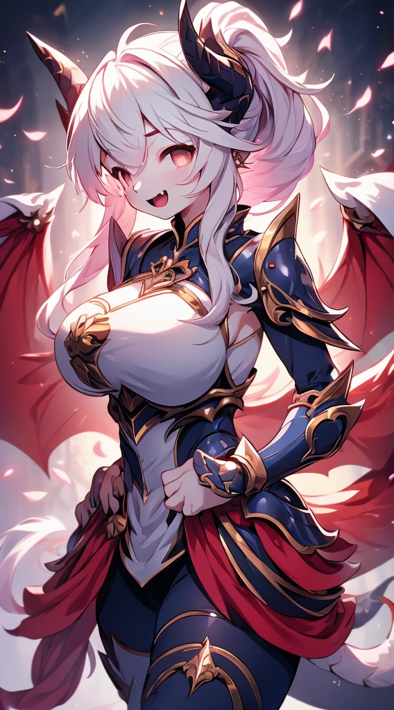 Dragon Girl，knight女孩，穿着knight铠甲的女孩，Breastplate，Skirt Armor，Arm Guard，Leggings，Bare thighs，丝绸Knee socks，Knee socks，White hair，Long hair，Single ponytail hairstyle，Dragon Horn女孩，Dragon Wings，Girl with wings，Dragon Horn，horn，巨Dragon Wings，White Wings，Dragon Tail，巨Dragon Tail，Long Tail，thick tail，Fat Tail，Smooth tail，White Tail，Scales，Scales盔甲，Pants，Tights，knight，knight girl，Close-up above the waist，Upper body close-up，mature body，Big breasts，Big breasts，Wide crotch，Big Ass，Standing姿势，Standing，front，Looking at the camera，，Fangs，laughing out loud，Royal sister，big sister，Heroic，Manic，Wild，Feral