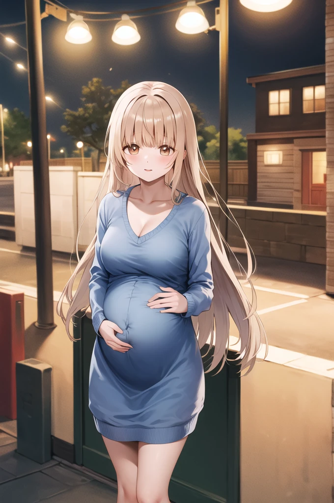 masterpiece, Highest quality, High resolution, Amahiru, Long Hair, Medium chest, Sweater dress, Cleavage, night, street, Are standing、Pregnant women