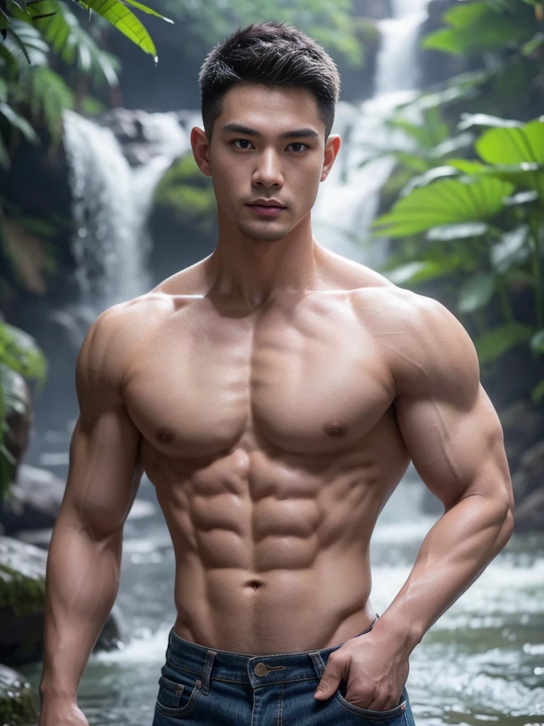 Vietnamese muscle man, Detailed undercut, Tight T-shirt , quiet, Jeans, Take the whole body, Walking posture :: Manly, Look at the camera, (Make eye contact), manhood posture, Manly deportment, Have morals, masculinity, manhood, very detailed facial parts, very detailed neck, Manly, waterfall background, happy expression, professional photos, soft focus, ( raw photos, best quality, Masterpiece:1.2), very detailed, Ultra high resolution, perfect anatomy, ส่วนของร่างกายที่very detailed, The body is very symmetrical., Asia, 18 years old, Highly detailed, detailed face, Detailed eyes, proportional eyes, very detailed mouth, Leaky abdomen :: very detailed, thin, small waist, realistic, human skin, นิ้วที่very detailed, handsome chad chin, Be a man, human skin, handsome, charming, Highly detailed RAW color photo, depth of field, Photo taken from the front, perfect composition, very detailed hands, very detailed fingers