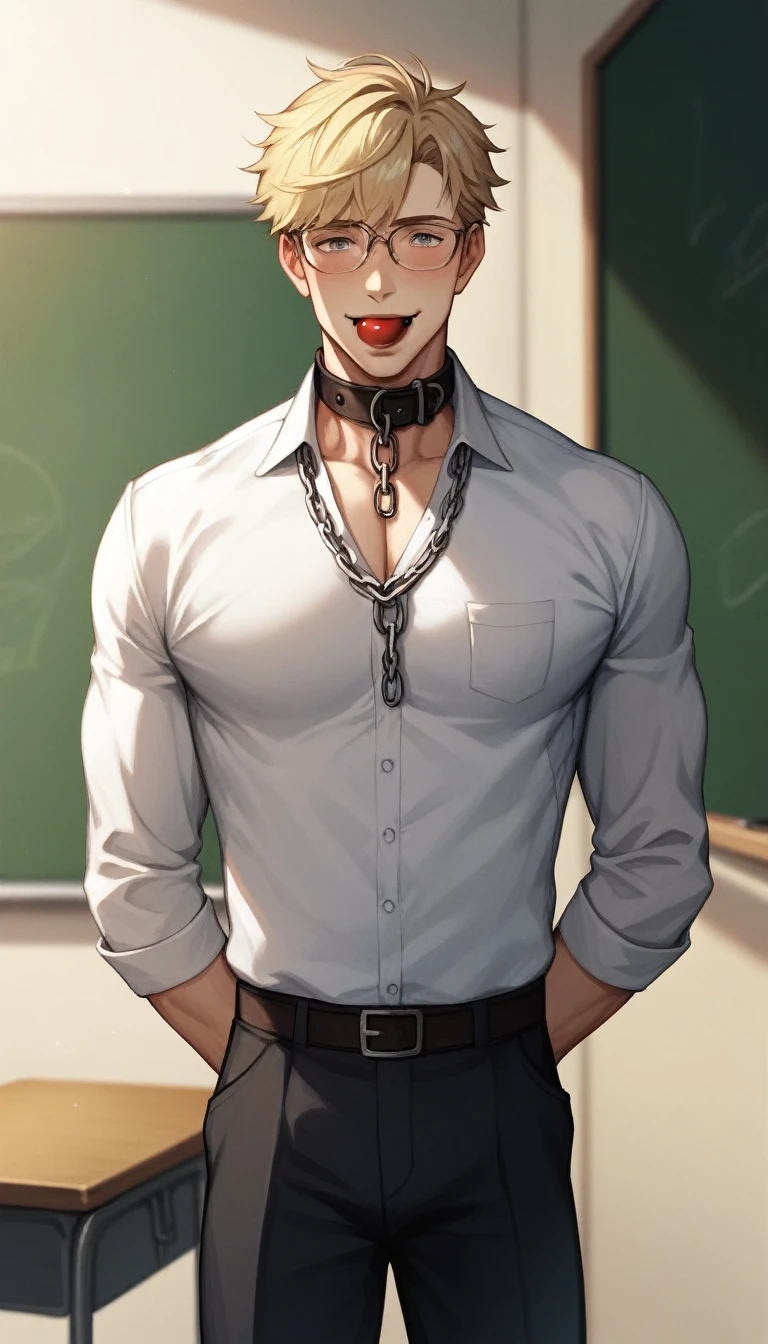 best quality, masterpiece, extremely detailed, handsome muscular young man, skinny build, messy curtain bangs, thick-rimmed glasses, fitted college uniform, bulging, standing in front of classroom, empty blackboard in the background, tilts head adorably, very innocent smile, wearing a collar on the neck, arms tied behind his back with chains, a ball gag strapped around his mouth blushing, hands touching his body, gay, homoerotic, romantic atmosphere, ambient lighting, extremely dramatic shadows, perfection, no watermark, no logo, no signature