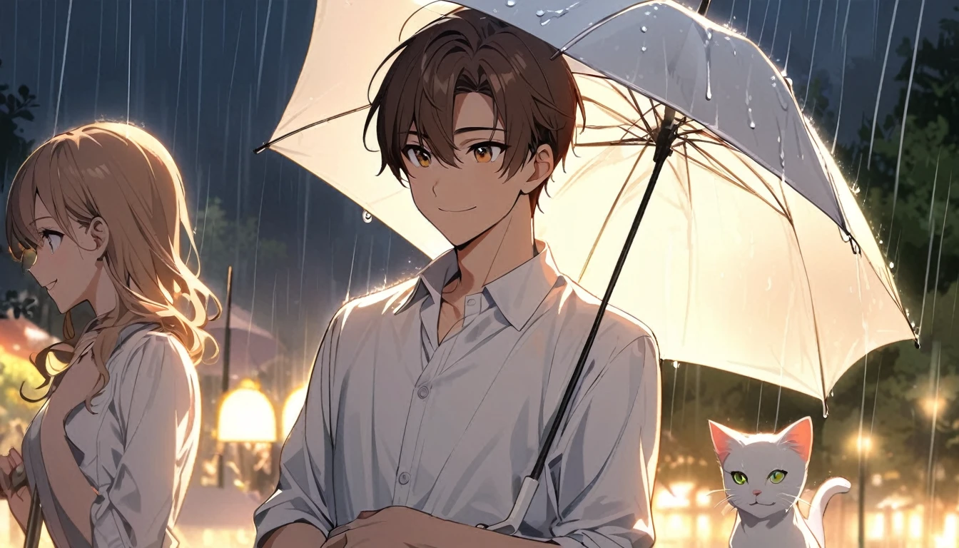 1 young man,single,short brown hair,The eyes shine brightly.,white shirt,smile,Hand holding a white cat,mannequin models,Umbrella open, rain falling,night,park
