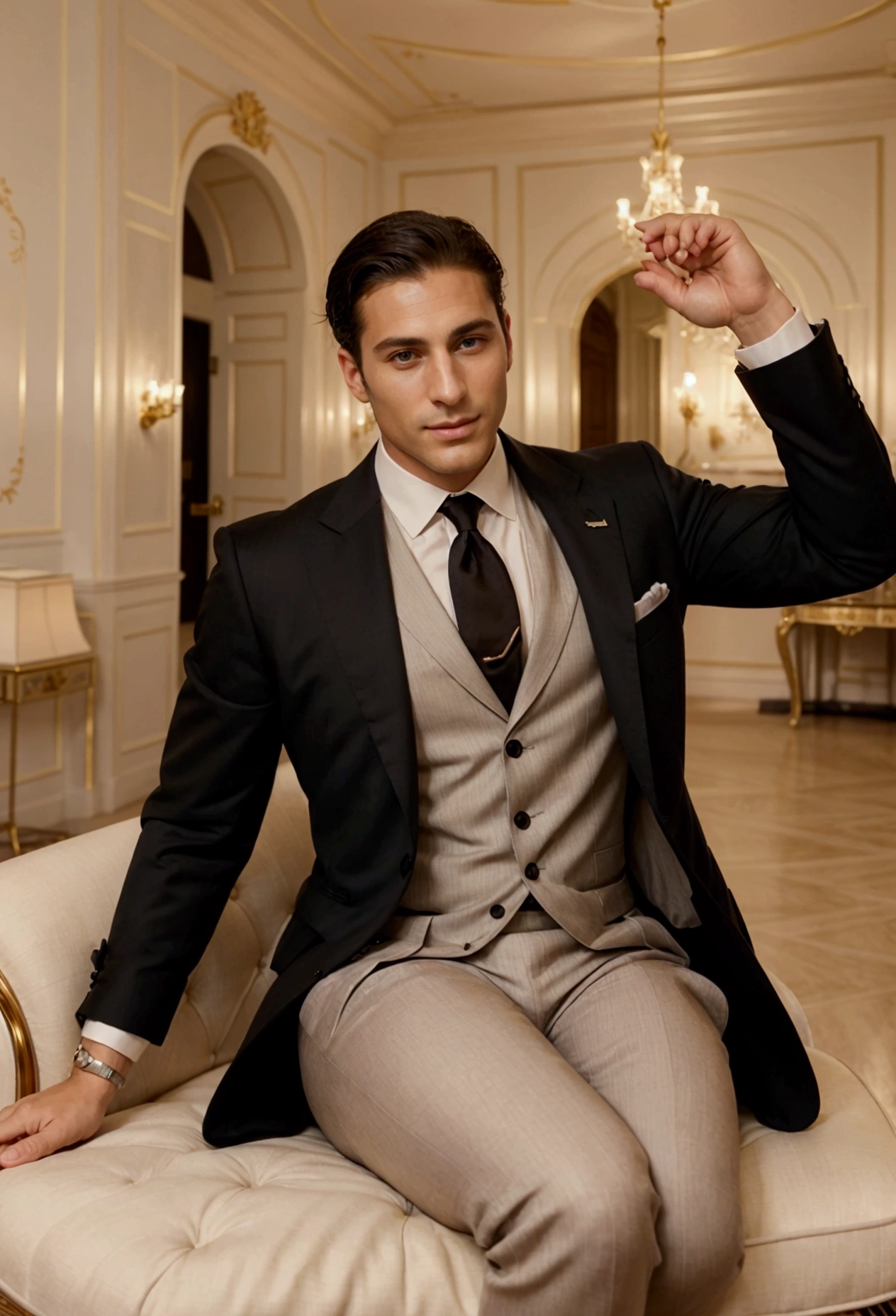 Michele Morrone lookalike face,
A young man,Handsome,well-muscled,Hairy body,white sock,Ultra-thin tights(Detailed eyes:1.3),Naked topless,Nudity Everywhere,Blue eyeassive bulge,Black hairs protruding from the bulge, full body Esbian,Character sitting on a chair with arms raised, black hair (short classy hair,), Nice Pose, Handsome man, Pretty Face, royal elegant pose, businessman, (In a striped blazer), (The surrounding environment is a luxurious and classic living room) (Sandtone imagery) ultra realistic, royalty prince looking, old money aesthetic, Italian looking, Joel Kinnaman lookalike, classy suit, Rolex, classic car in the background, royalty looking, wearing Ralph Lauren suit, Raoul Bova face lookalike, Italian luxury country mansion in the background smile face