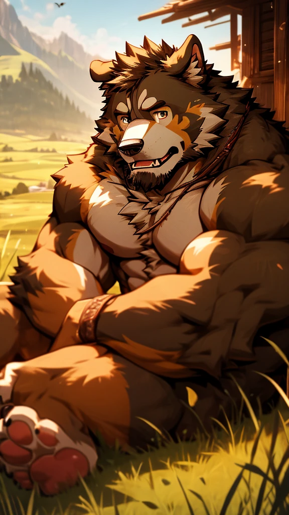 (masterpiece),Bernese Mountain Dog,Topless,Eye,Tears,hairy,8k,wallpaper,Detailed background,Very detailed body,Eye Details,Paw pad details,Lifelike,grassland,