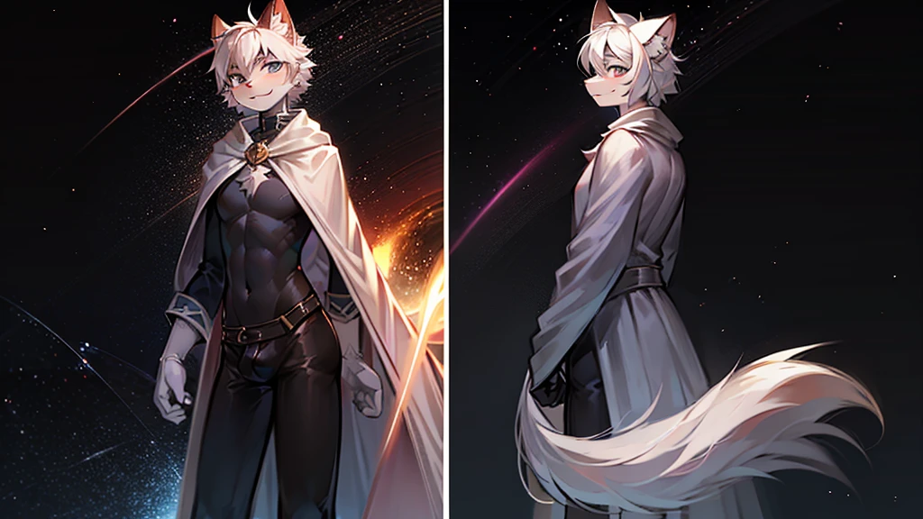 The background is a black hole,The background occupies most of the picture,Vision,Male cats,Pure white hair,Wearing a white cape,Firm eyes,Look straight at your side,Don't look at the camera,Frowning,Heterochromia,hairy,Pure white hands,White coat,No other decorations,Off-white shorts,Casual wear,Open hands,Point ahead,Fly in the air,12 years old style