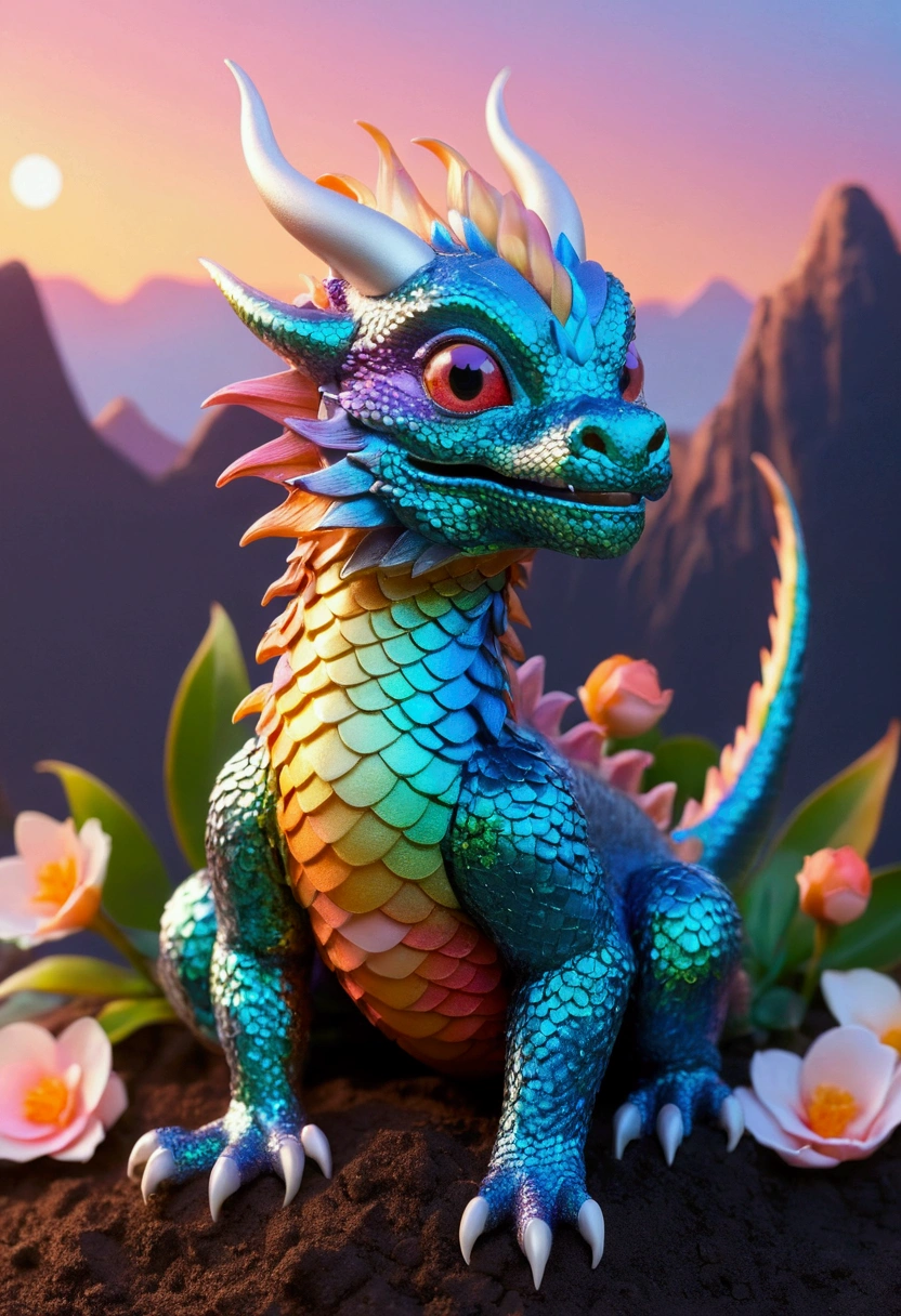 Highest quality, masterpiece, (ground:1.5), Cute gradient Asian dragon, Iridescent bird with kind eyes, Floral, ground, landscape, plant, Isoscale, Beautiful concept art
