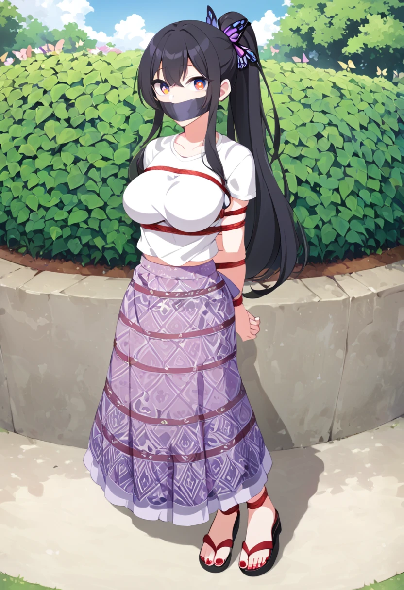 score_9, score_8_up, source_anime, 1girl, solo,The photo shows a young person standing outdoors, They are smiling and wearing a white t-shirt with a design featuring a rabbit and text, paired with a patterned purple sarong or long skirt and sandals. The background appears to be a garden or a green outdoor area..(bound wirsts), (arms behind back), (tapegag, tape gag), dramatic, (looking at viewer), (detailed pupils:1.3), ,red rope, thick rope,normal breast,full body ,long hair,black hair,ponytail hair, butterfly hair tie