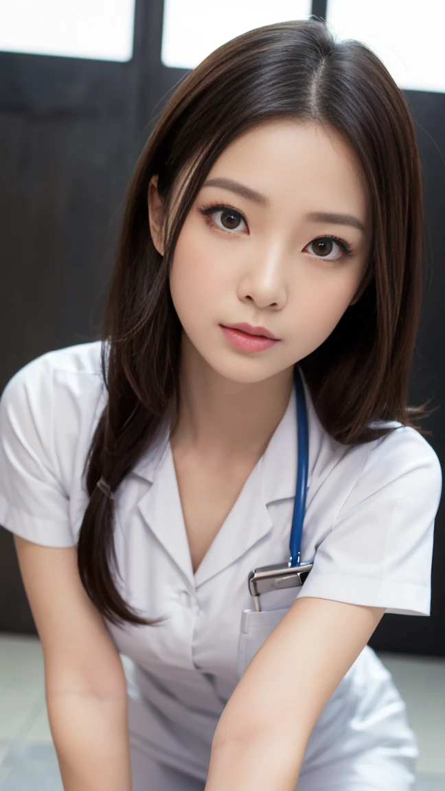 (masterpiece:1.3)、Very nice finish、(High resolution、8k:1.3)、(Highest quality)、(Ultra-realistic as a photo:1.3)、Professional Portrait、Professional Writing、Correct limbs、Anatomically correct, Perfect Proportions、The face is in focus、Face close-up、超High resolutionの顔、The face is in focus、Ultra high definition and beautiful eyes、(Concentrated eyes、Eyes that are not too big、Eyes are symmetrical:1.3)、High quality and beautiful skin、Firm Skin、Ultra HD Hair Texture、Japanese women、Age 27、very cute, Half Up:1.3, nurse、nurse break (White nursing uniform、white nurse uniform:1.3),Rest rooms, (Embarrassing:1.3), (blush:1.3), Mr...々Shooting angle:1.3, View your audience, Browsing Caution, (All fours pose:1.3)、Dangerous poses、Open your mouth a little、Center of chest