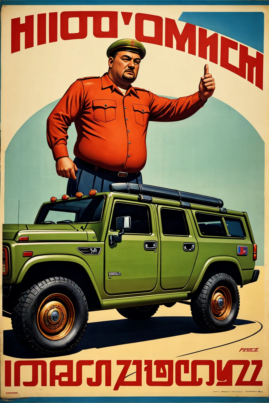 soviet poster, plump man with hummer in right hand