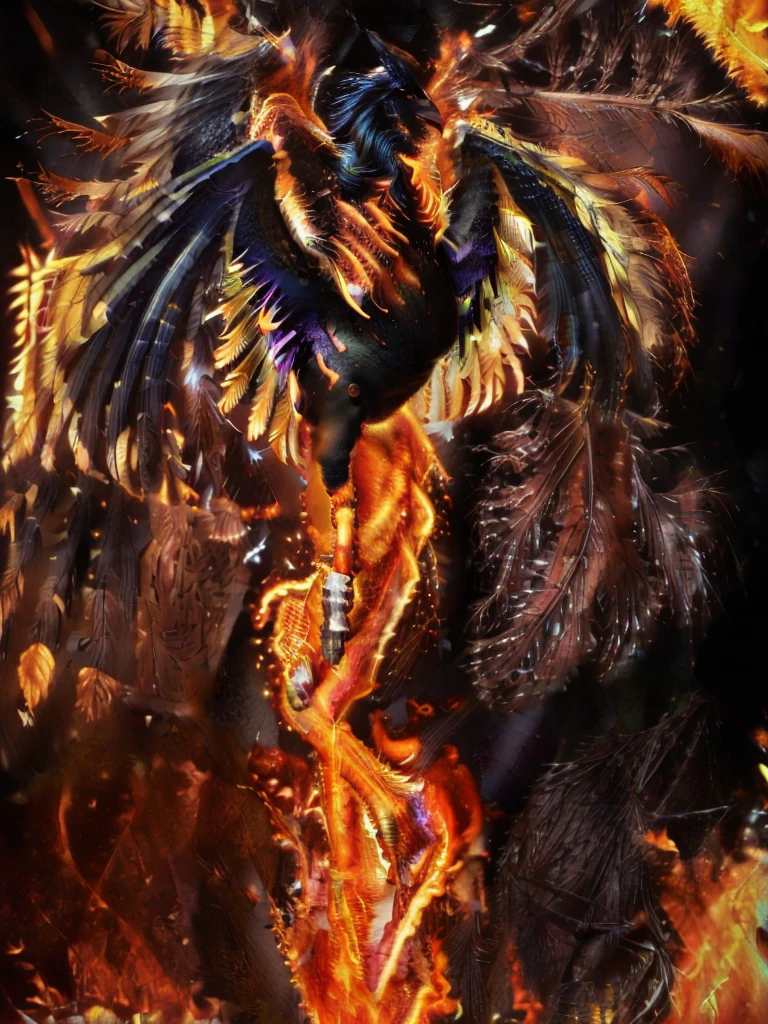 (masterpiece), best quality, (masterpiece), best quality, 

A mystical realistic photograph of a woman with a ((crow on her arm)), the woman has long blowing hair, dark hair and dark surroundings... the (crow glows) its ((feathers seem to be made of fire)),
The ((crow appears to be made of fire)), lighting up the woman and her surroundings