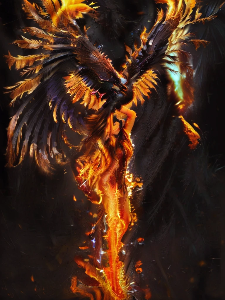 (masterpiece), best quality, (masterpiece), best quality,
A mystical realistic photograph of a woman with a ((crow on her arm)), the woman has long blowing hair, dark hair and dark surroundings... the (crow glows) its ((feathers seem to be made of fire)),
The ((crow appears to be made of fire)), lighting up the woman and her surroundings