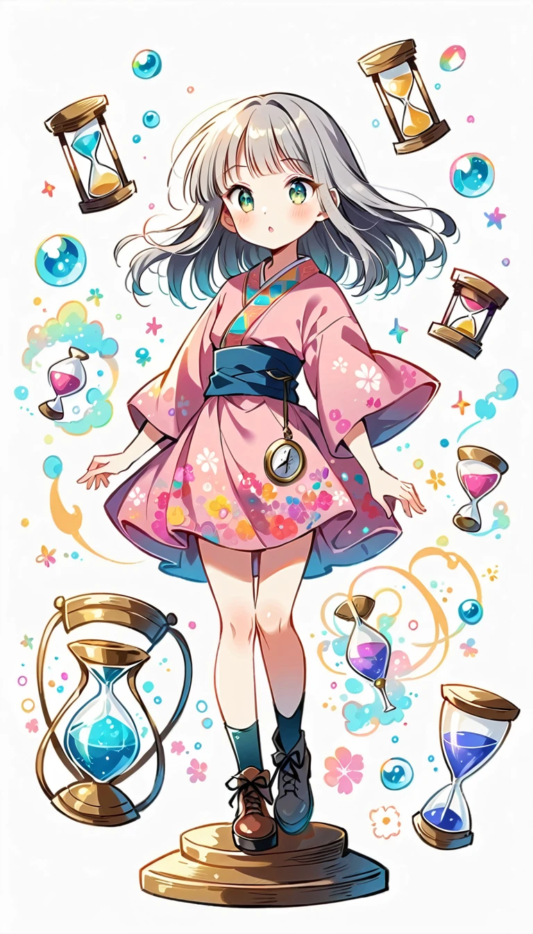 white background, Fujichoco style, pink kimono, (((The Most Beautiful Girl))),  gray hair, shining pupils, ((hourglass)), vivid colors, white background, simple background, full body, Simple line initialism, 