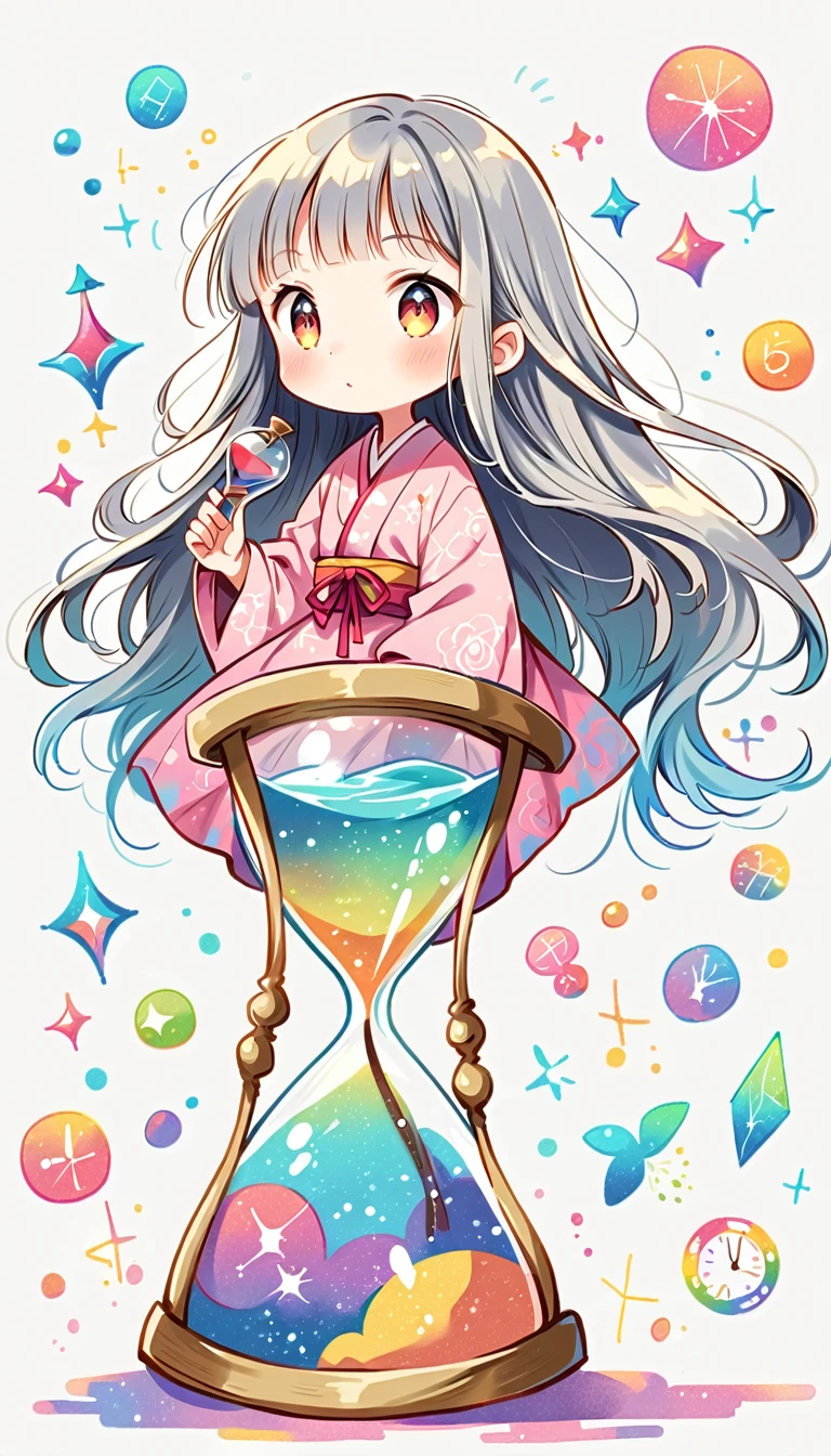 white background, Fujichoco style, pink kimono, (((The Most Beautiful Girl))), gray hair, shining pupils, ((hourglass)), vivid colors, white background, simple background, full body, Simple line initialism,