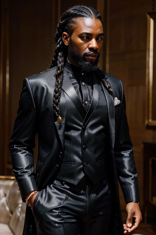 Rich black wedding , black man with thin braids flowing back wearing shiny black wedding suit and shiny shirt with African feel, goaty beard, intricate details, detailed background, depth of field, photo of a handsome black man, l4tex4rmor,