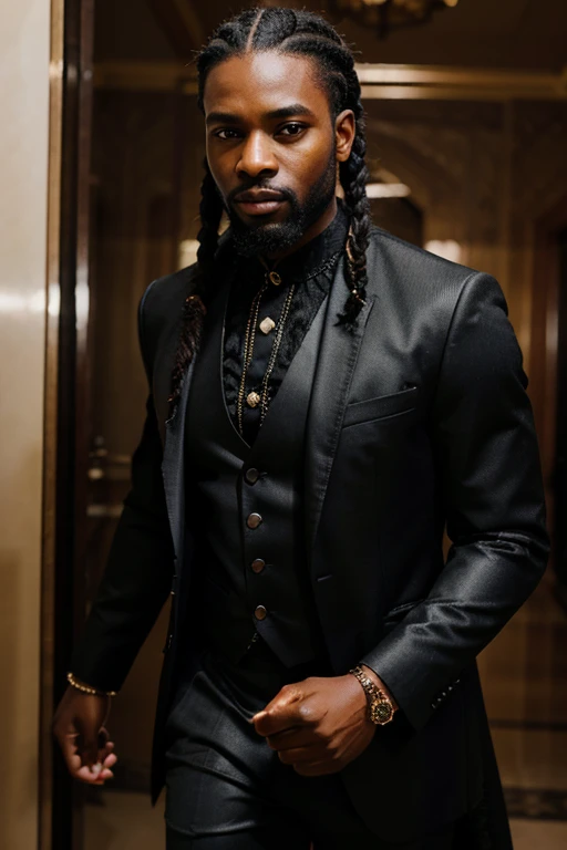 Rich black wedding , black man with thin braids flowing back wearing shiny black wedding suit and shiny shirt with African feel, goaty beard, intricate details, detailed background, depth of field, photo of a handsome black man, l4tex4rmor,