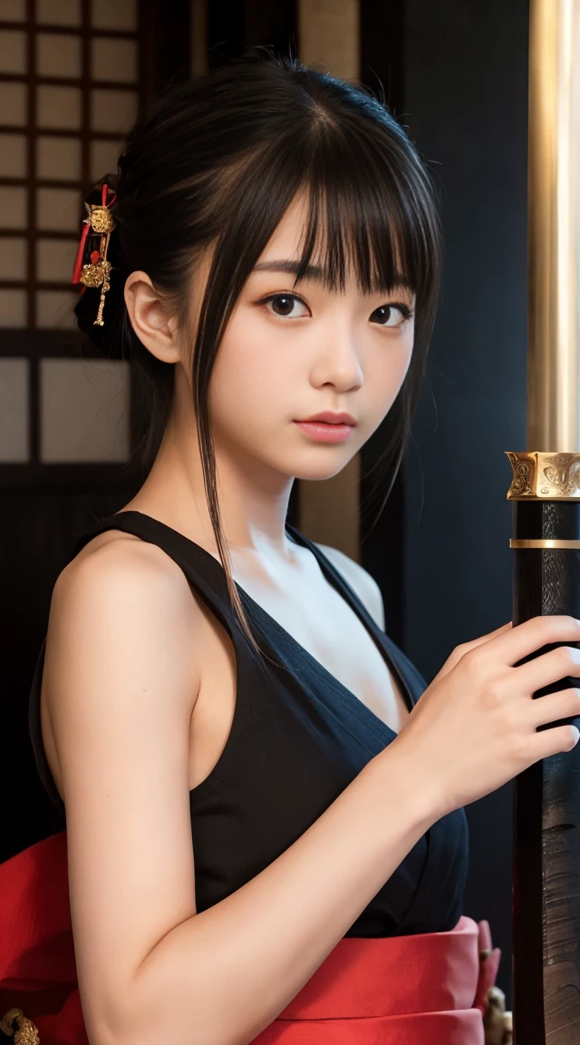 20Year、beautiful,、Cute Girls、samurai、dragon tattoo on body、Hold the Japanese sword in front of your body、Pull out and hold the sword、