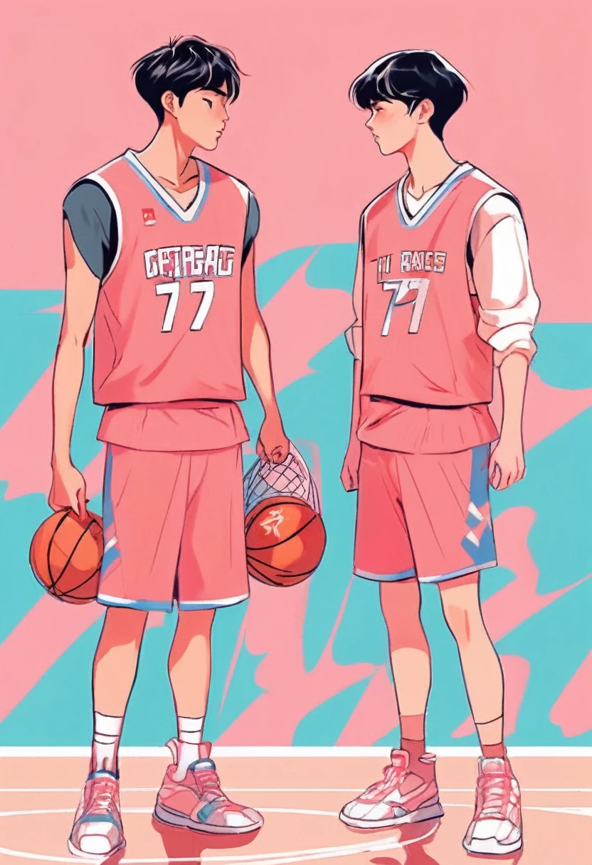 An idol korean teenage couple wearing basketball jerseys, angry faces, soft pastel colored background, 2, couple, one boy , one girl, romance, face each other, vector style, manga style, digital art, by Marshall Arisman, cover illustration, 70mm, 7 0 mm, 70 mm, book cover illustration, by Brigette Barrager, album cover, novel cover art for a book, art concept for a book cover, cover art, 7 feet tall,
