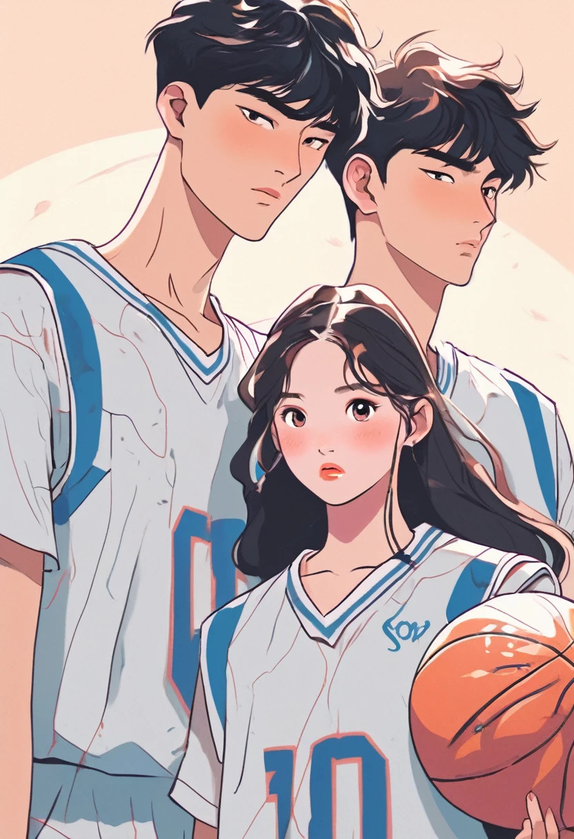 An idol korean teenage couple wearing basketball jerseys, angry faces, soft pastel colored background, 2, couple, one boy , one girl, romance, face each other, vector style, manga style, digital art, by Marshall Arisman, cover illustration, 70mm, 7 0 mm, 70 mm, book cover illustration, by Brigette Barrager, album cover, novel cover art for a book, art concept for a book cover, cover art, 7 feet tall,