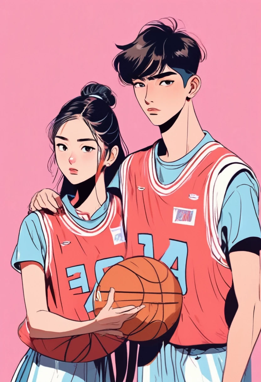 An idol korean teenage couple wearing basketball jerseys, angry faces, soft pastel colored background, 2, couple, one boy , one girl, romance, face each other, vector style, manga style, digital art, by Marshall Arisman, cover illustration, 70mm, 7 0 mm, 70 mm, book cover illustration, by Brigette Barrager, album cover, novel cover art for a book, art concept for a book cover, cover art, 7 feet tall,