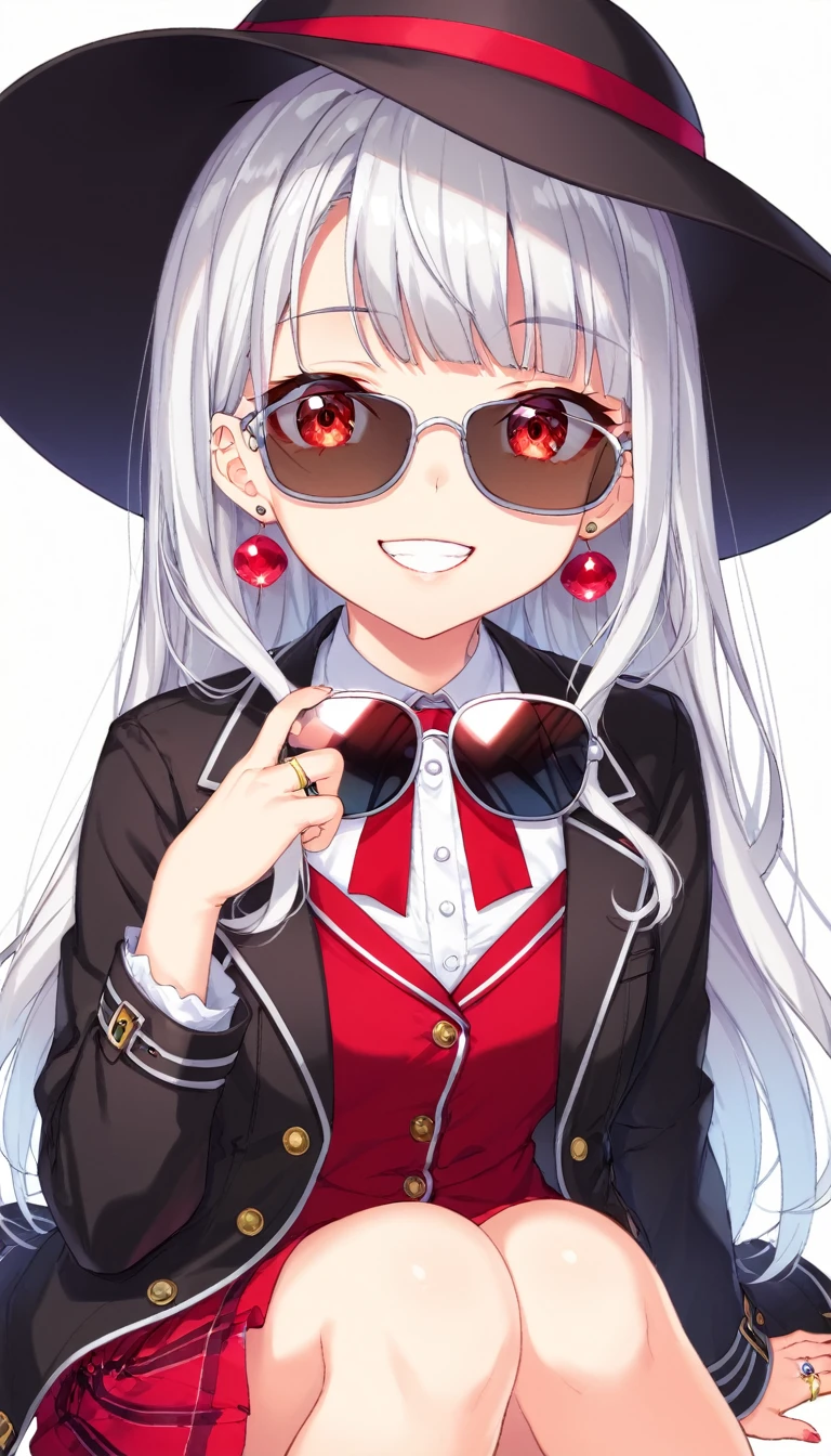 One Girl, alone, Long Hair, View your audience, smile, bangs, 水色のJacket, Red pastel skirt、Red eyes,White hair in the eye、Shining beautiful eyes、Long sleeve, Boater Hat、jewelry, Sitting, Jacket, Upper Body, Silver Hair、 earrings, Glasses, teeth, Grin, open Jacket, Earrings, sunGlasses, ring, ear Earrings,色付きGlasses, White Background、White Background,Umaibo、candy