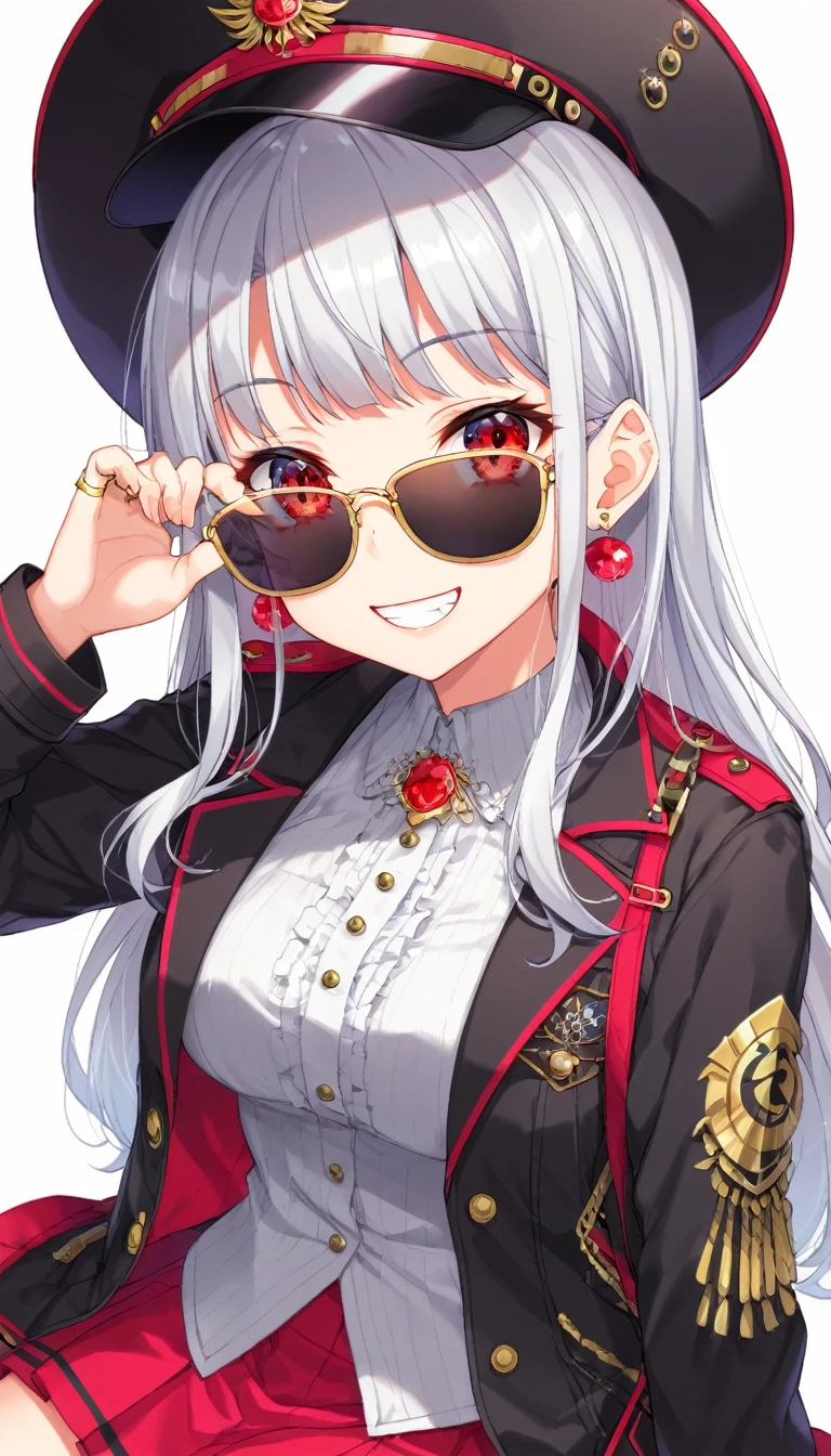 One Girl, alone, Long Hair, View your audience, smile, bangs, 水色のJacket, Red pastel skirt、Red eyes,White hair in the eye、Shining beautiful eyes、Long sleeve, Boater Hat、jewelry, Sitting, Jacket, Upper Body, Silver Hair、 earrings, Glasses, teeth, Grin, open Jacket, Earrings, sunGlasses, ring, ear Earrings,色付きGlasses, White Background、White Background,Umaibo、candy