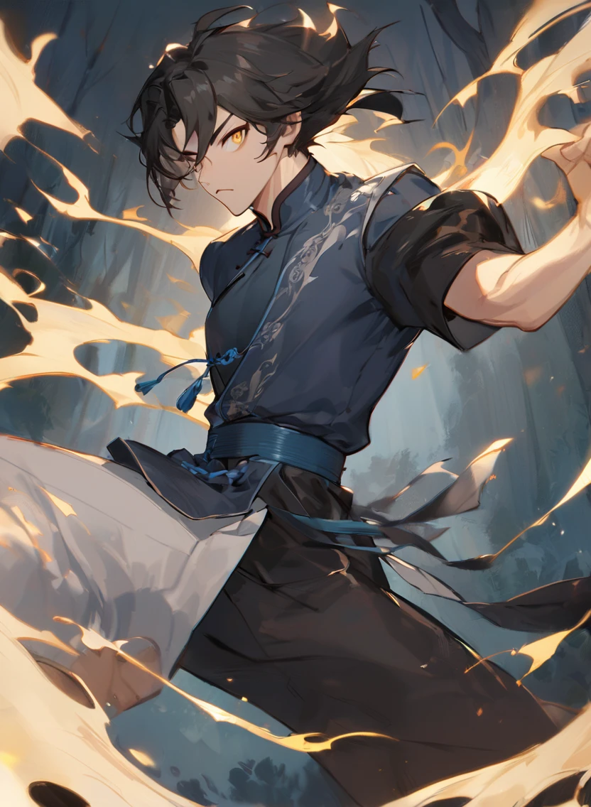 young man ,Male Dark, dark Woods, dark blue colors, monk dnd, man black hair with yellow eye, kungfu costume style,