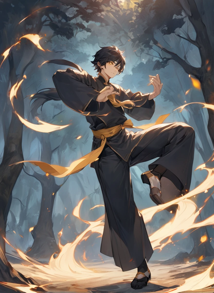 young man ,Male Dark, dark Woods, dark blue colors, monk dnd, man black hair with yellow eye, kungfu costume style,