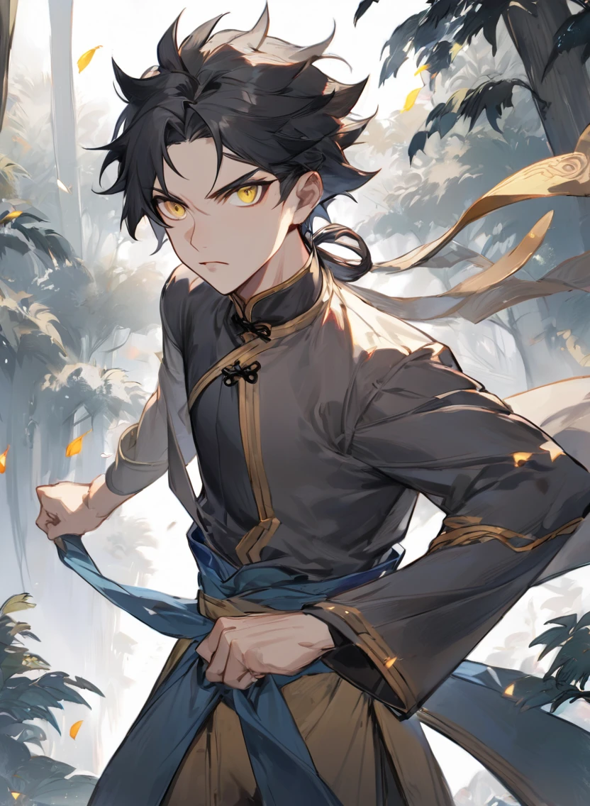 young man ,Male Dark, dark Woods, dark blue colors, monk dnd, man black hair with yellow eye, kungfu costume style,