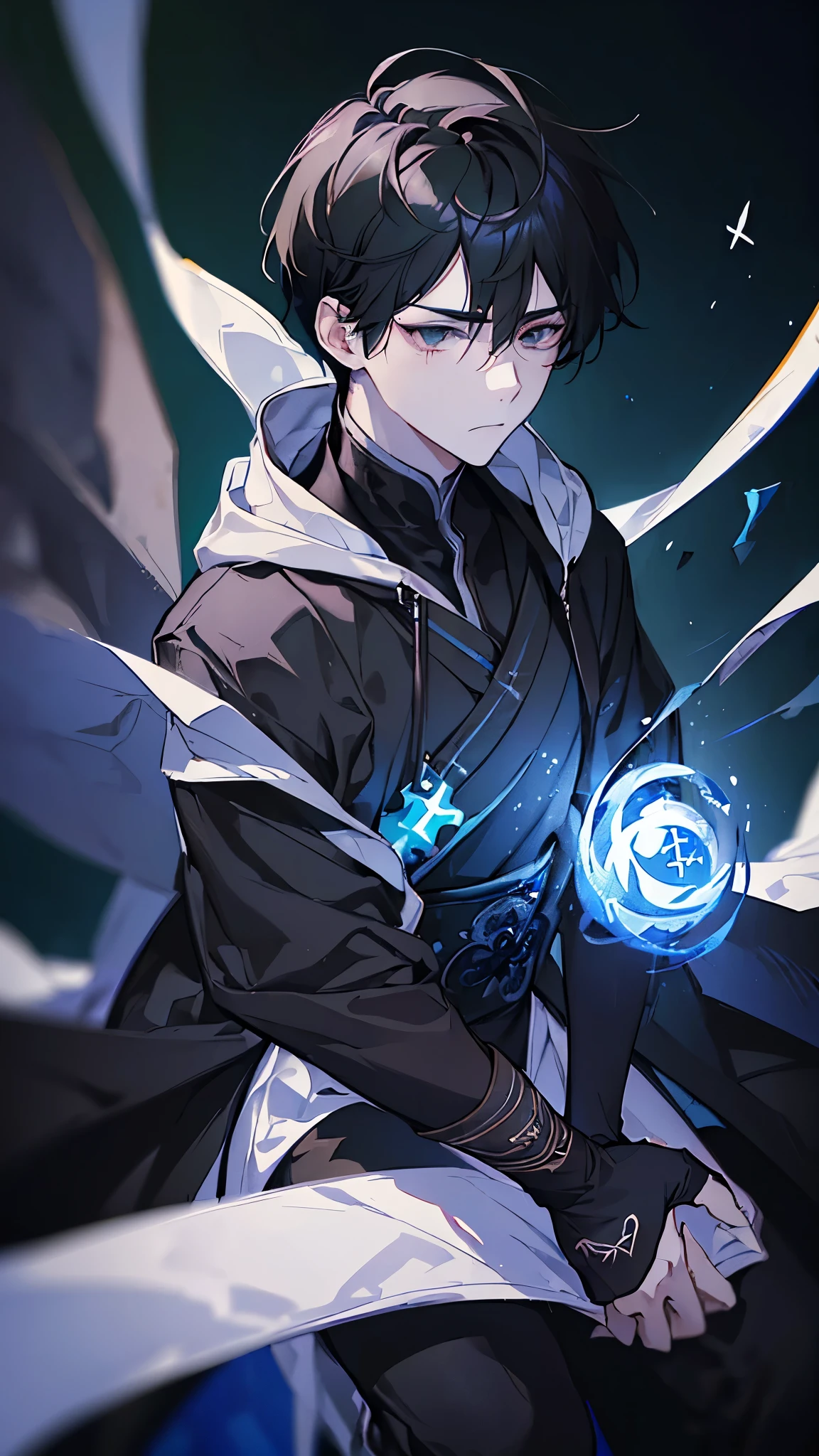 Name: Kumo
Element: UMBRANOX
Description: A mysterious and elusive ninja from the Umbranox Clan, known for their mastery over shadows. With a mask that conceals his identity and two shuriken stars at the ready, Kumo strikes fear into the hearts of his enemies.
Prompt: ((((Obra maestra, La mejor calidad, ultrahigh resolution)))), 1boy, serious, sitting, (black hair, hood covering eyes:1), short hair cut, pale skin, ((dark brown eyes)), ((glowing_eyes_green_shadows)), (((ultra detailed eyes:0.7, beautiful and detailed face, detailed eyes:0.9))), ((left_profile)), (interior, dimly lit room, shadows all around:0.9)), medium build, looking down, ((squinting_eyes)), ((perfect hands, holding shuriken stars)), (((head:1, shoulders in view, elbows, legs, in view))), ((crossed_legs)), serious expression, beautiful lighting, inside, interior, background, (((defined subject)), 23 years old, (hooded eyes), ((stealth))), ((high contrast))