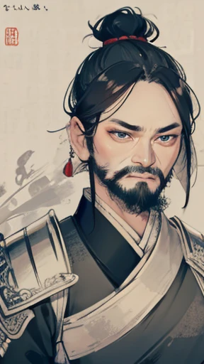 (((Monochrome)))、(((Ink Painting)))、Oriental、Ultra-high resolution、(Realistic:1.4)、Game Poster、Crisp and beautiful image quality、beard、ancient chinese hairstyle male、Embroidered cloth wrapped around a topknot、whole body ,(Ancient Chinese armor, Dragon head on shoulder,(黒beard):1.2), (Ancient Chinese armor with intricate pattern:1.2), gloves, Long trousers, (Very detailed, bloom:1.5), (Highest quality, Concept Art, 4K), (analog:1.2), (high sharpness), (Detailed pupil:1.1), Detailed face and eyes, masterpiece, Highest quality,8k,  (Black Hair, Dynamic Short Hair), (PurerosFace_v1:0.2), [:(Detailed face:1.2):0.2], sharp, Realistic, Realistic Shadow, 