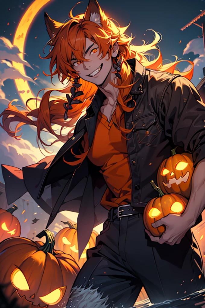 High school werewolf boy, smiling with fangs, orange glowing eyes, long curl single tied hair, many floating pumpkin spirit, magic werewolf and cyperpunk warlock hybrid, midnight blue